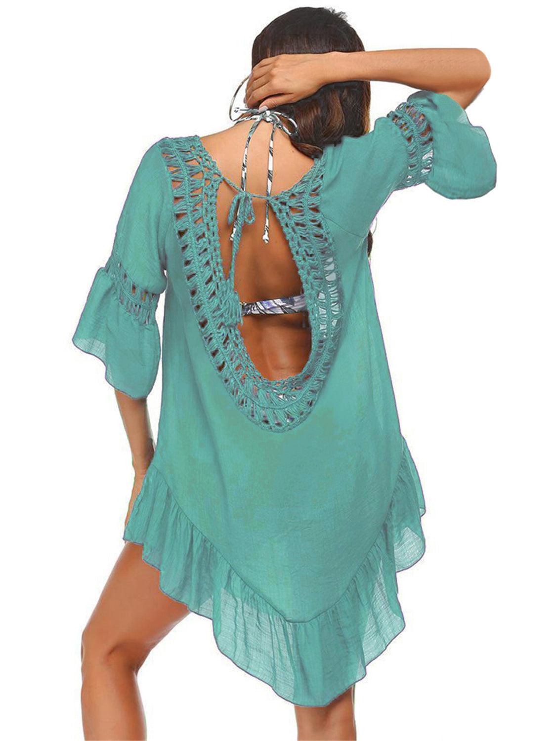 Backless Cutout Three-Quarter Sleeve Cover Up Turquoise One Size