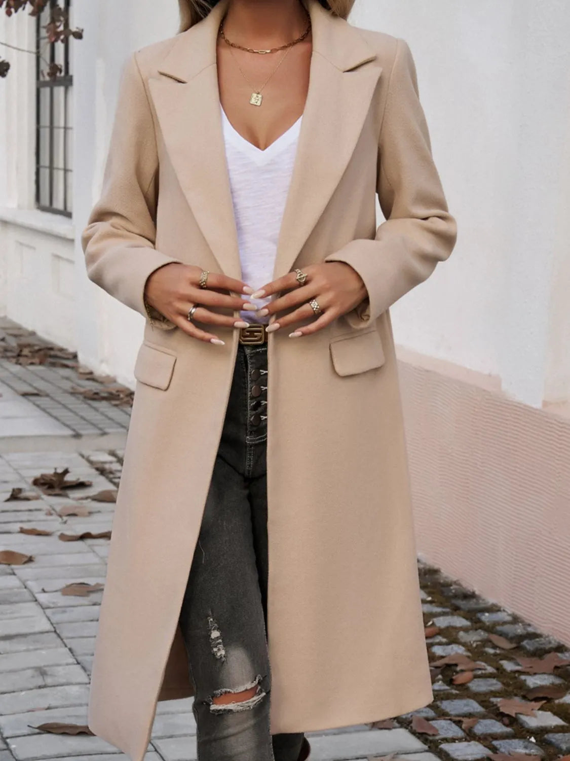 Pocketed Collared Neck Long Sleeve Coat Tan