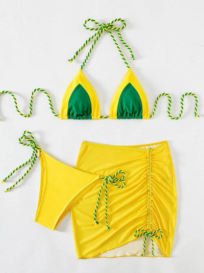 Contrast Tied Three-Piece Swim Set Yellow