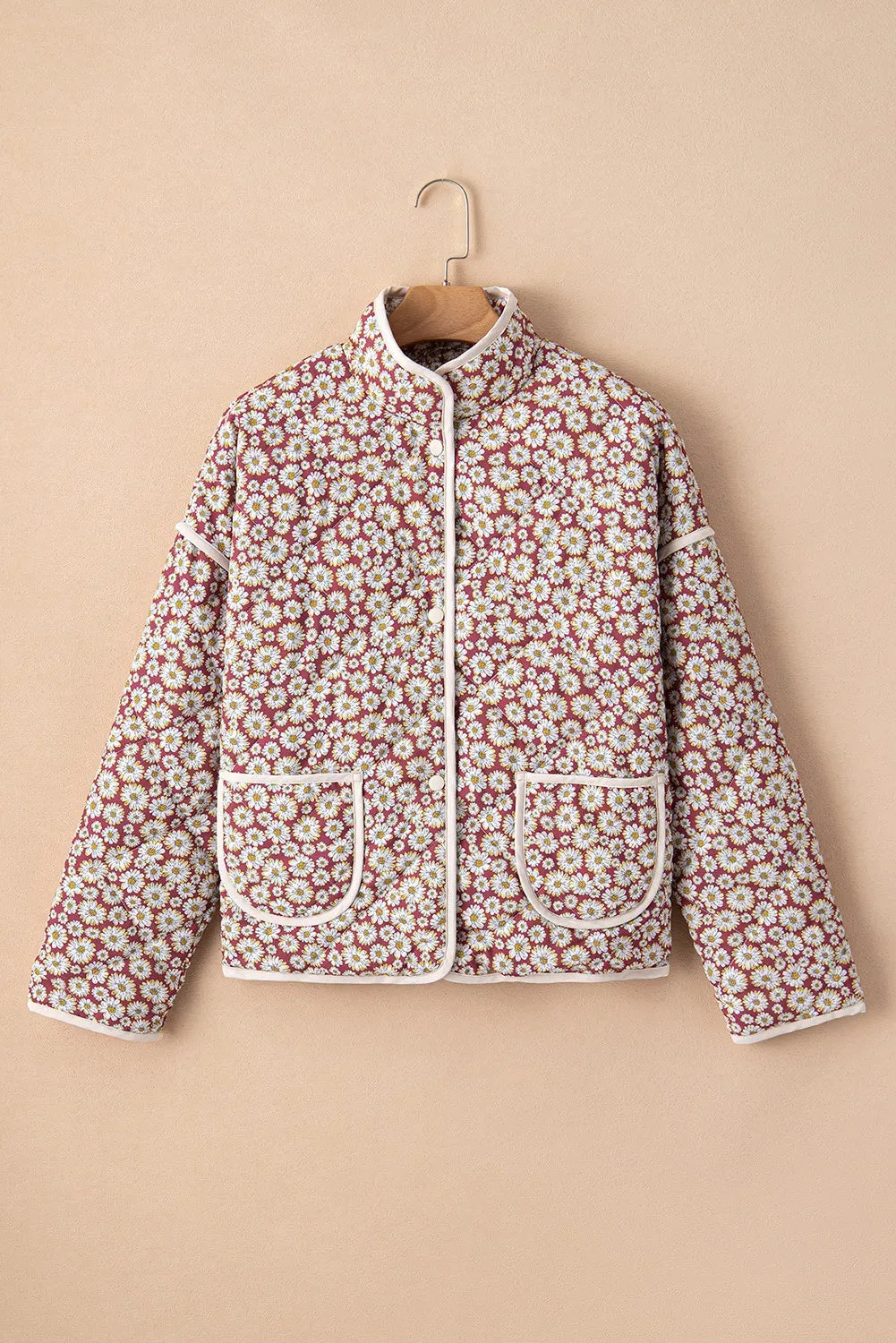 Floral Snap Down Mock Neck Coat Burgundy