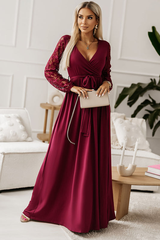 Lace Detail Surplice Tie-Waist Maxi Dress Wine