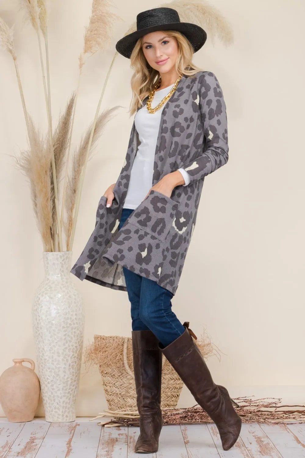 Celeste Full Size Leopard Open Front Contrast Cardigan Grey Leopard