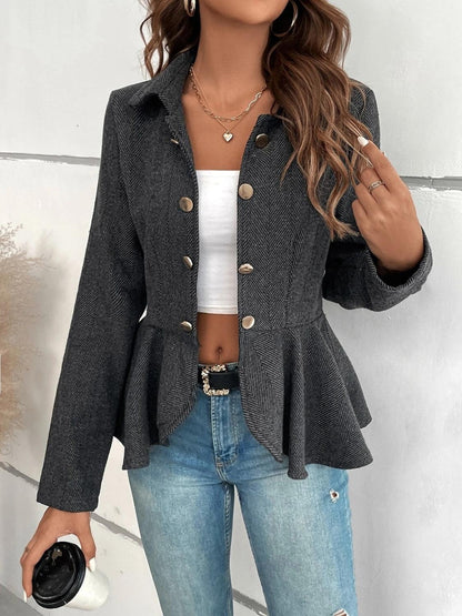 Ruffle Hem Collared Blazer Dark Gray