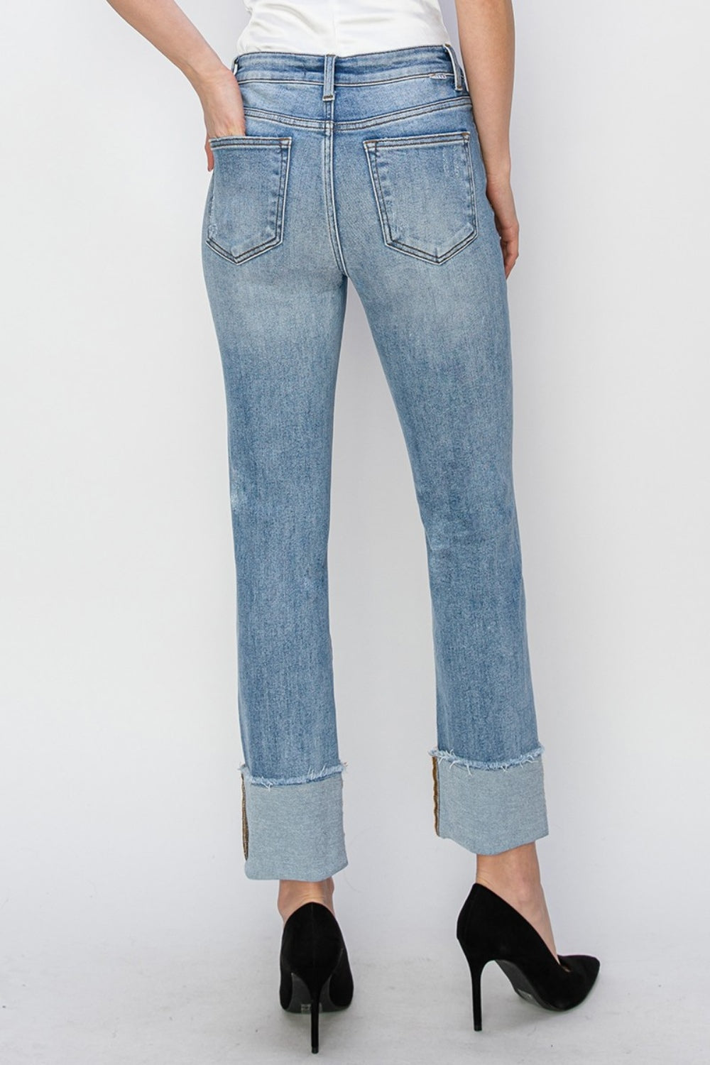 RISEN Full Size High Rise Cuffed Slim Straight Jeans Light