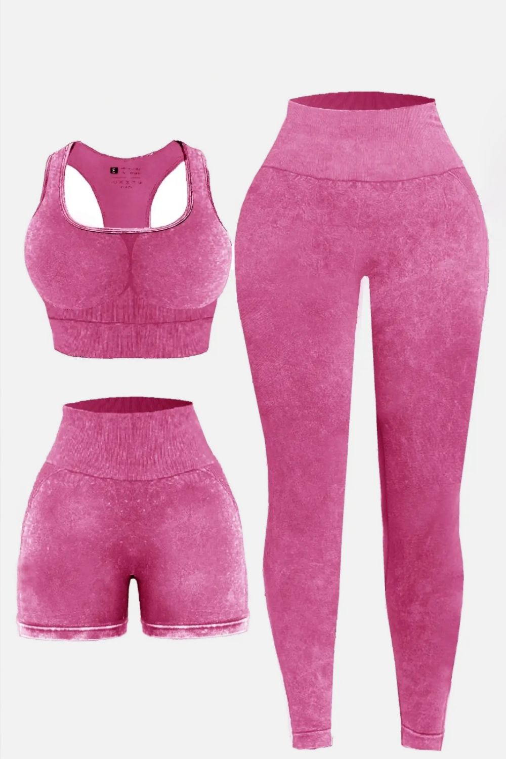 3 Piece Washed Square Neck Wide Strap Active Set Deep Rose