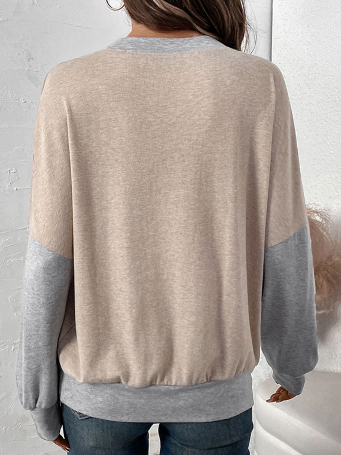 Perfee Contrast Round Neck Long Sleeve T-Shirt Tan