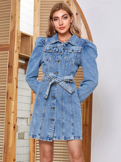 Tied Button Up Collared Neck Denim Dress Medium