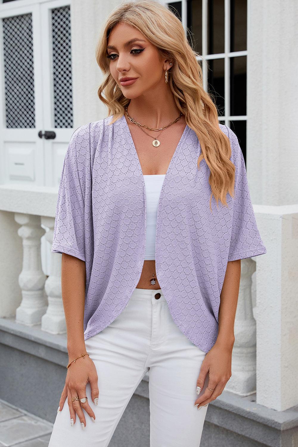 Eyelet Open Front Half Sleeve Cardigan