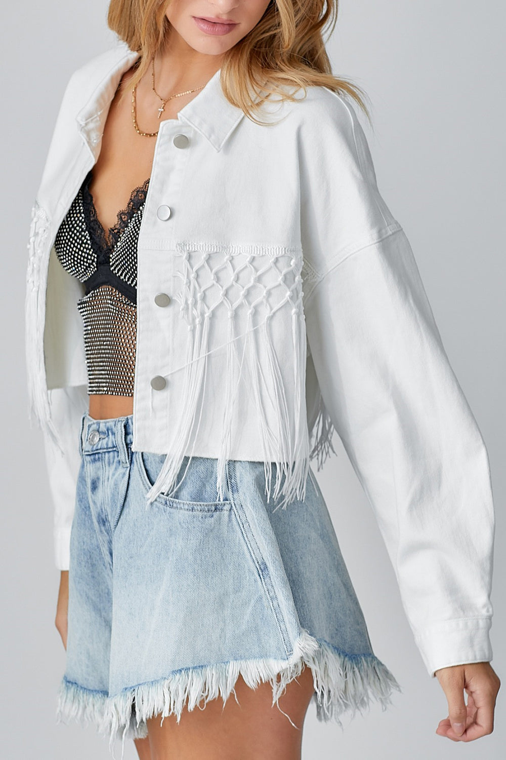 Tassel Sequin Letter Long Sleeve Denim Jacket White