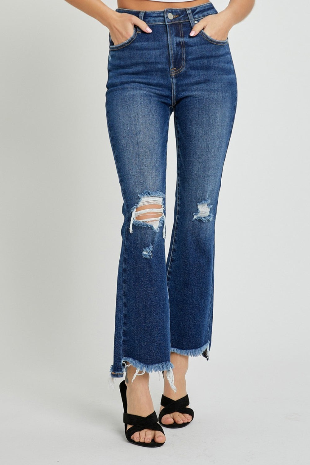 RISEN High Rise Distressed Crop Flare Jeans Dark