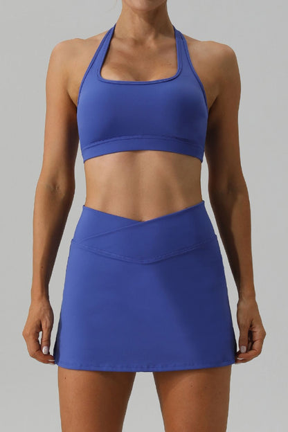 Halter Neck Tank and Slit Skirt Active Set Blue