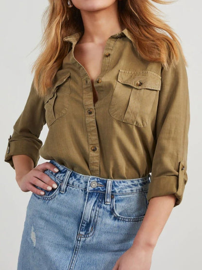 Collared Neck Roll-Tab Sleeve Denim Top Olive Brown