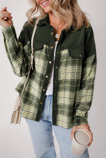 Plaid Button Up Long Sleeve Jacket Dark Green