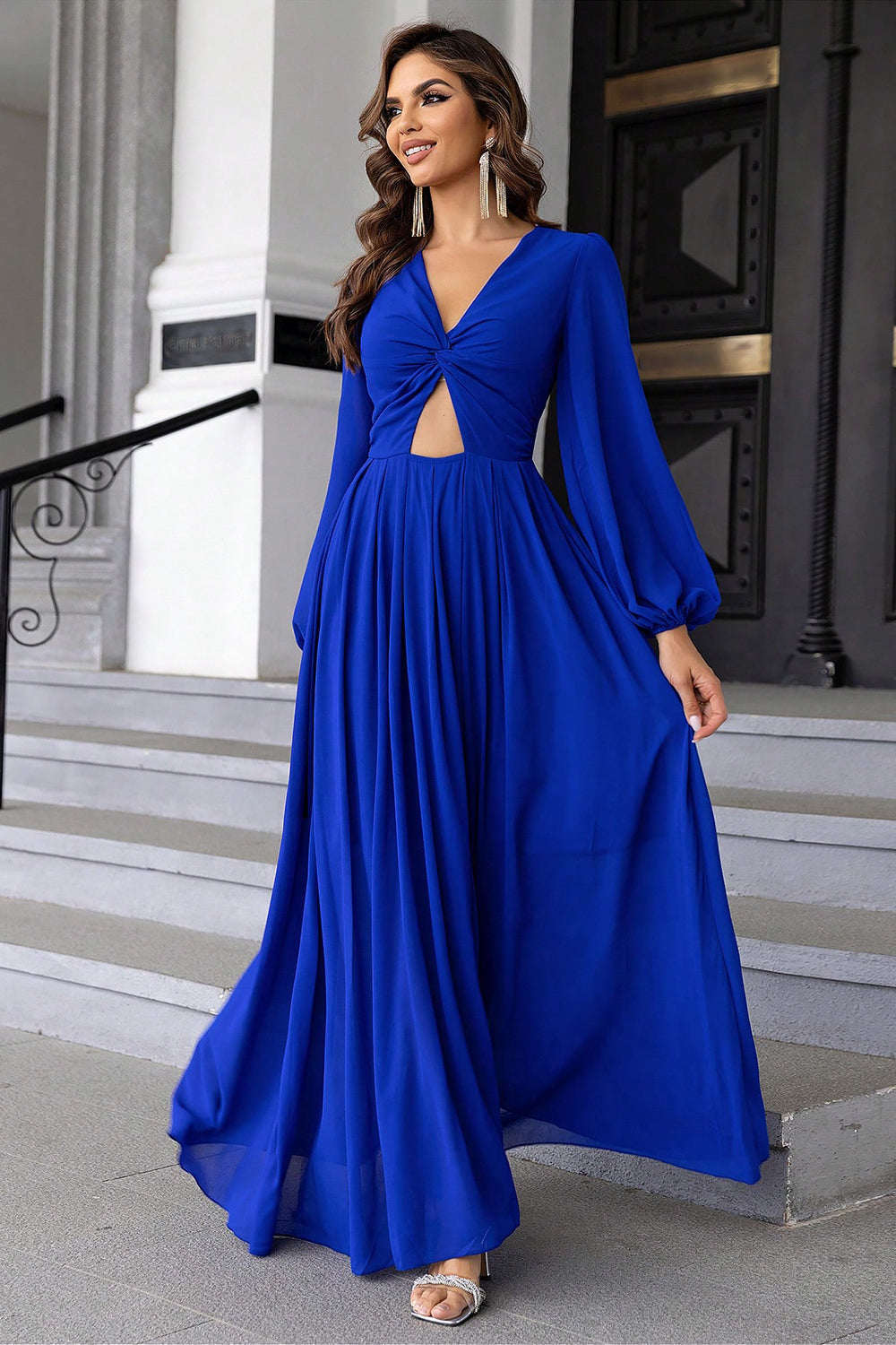 Twist Front Cutout Long Sleeve Dress Royal Blue