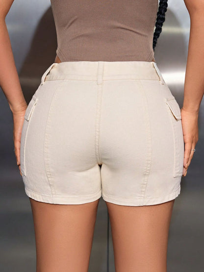 Mid-Rise Waist Denim Shorts with Pockets Dust Storm