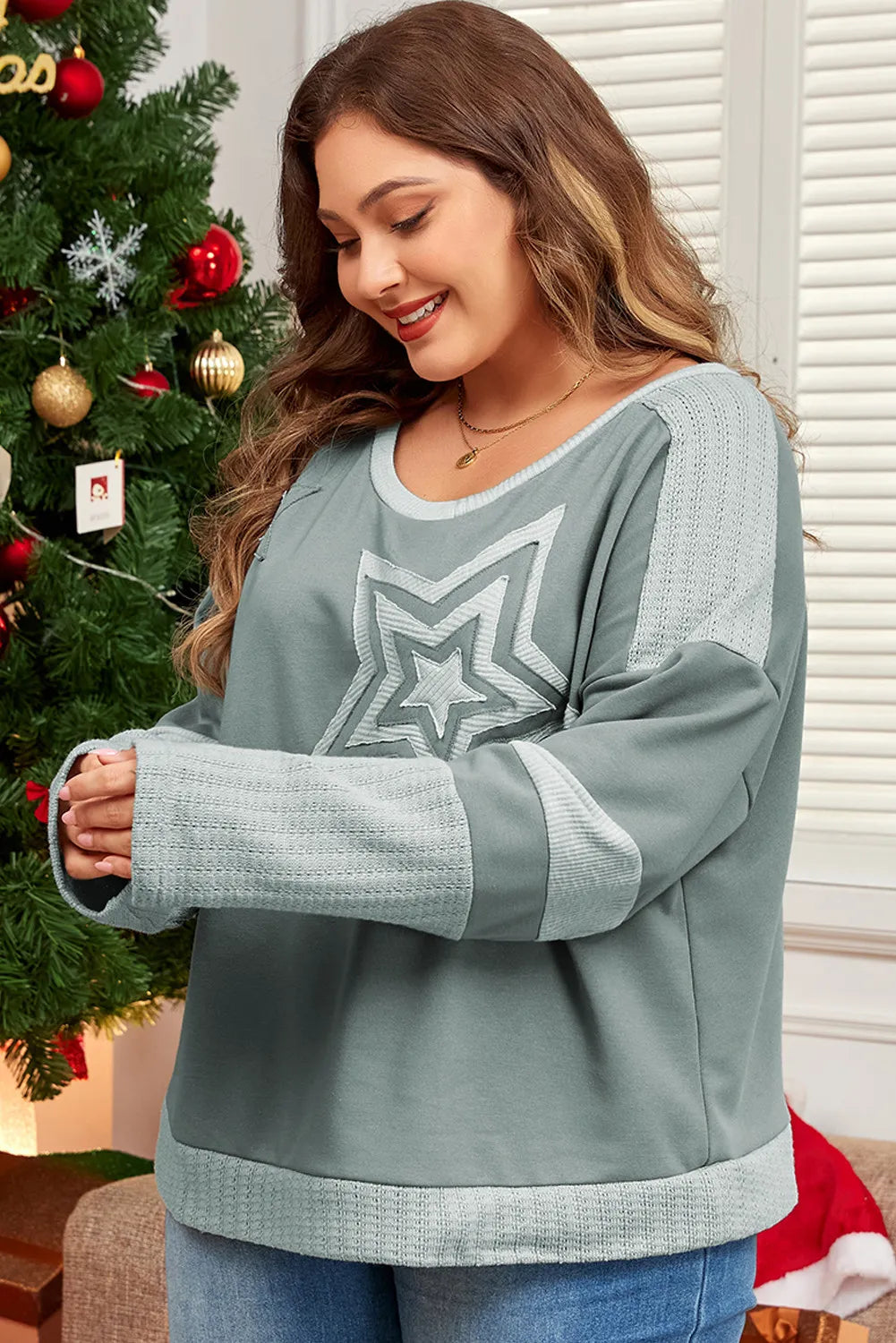 Plus Size Star Round Neck Long Sleeve Top Sage