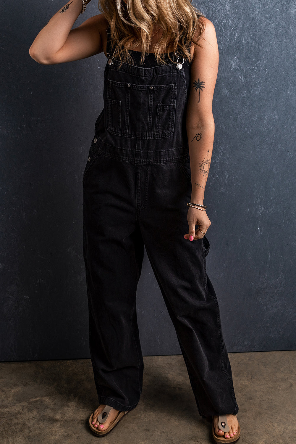 Pocketed Straight Denim Overalls Black