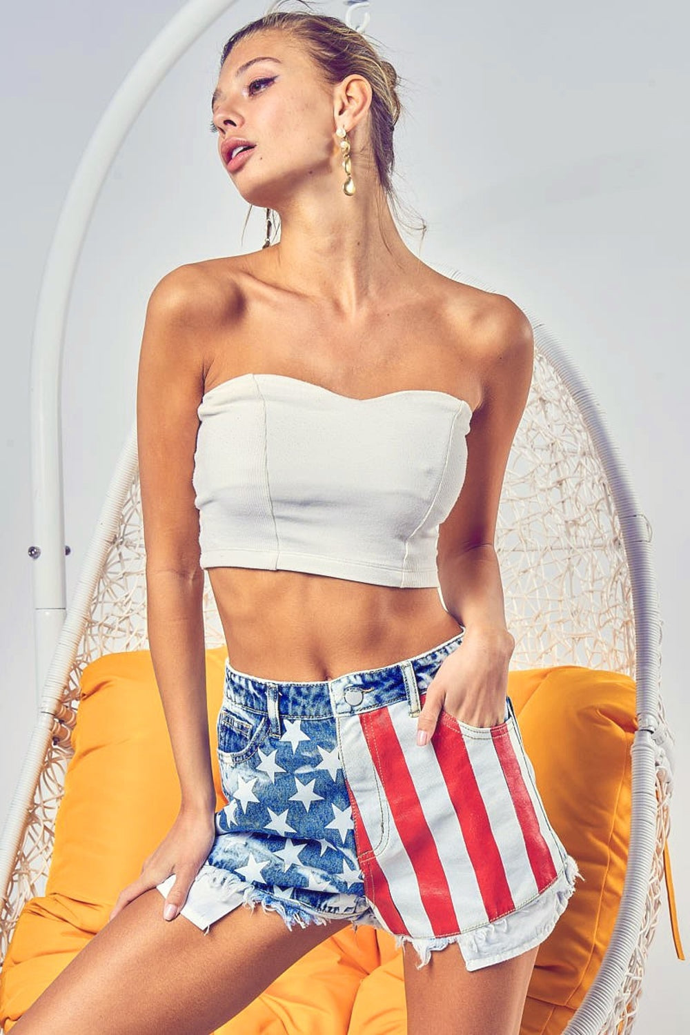 BiBi US Flag Theme Bleached Denim Shorts American Flag