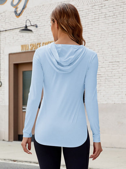 Long Sleeve Hooded Active Top Light Blue