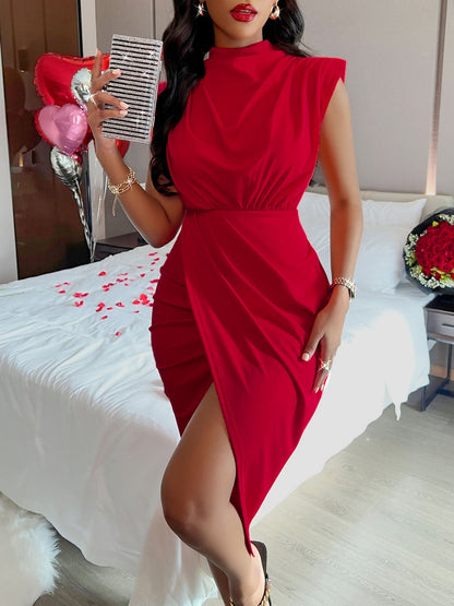 Cutout Slit Mock Neck Sleeveless Dress Scarlet