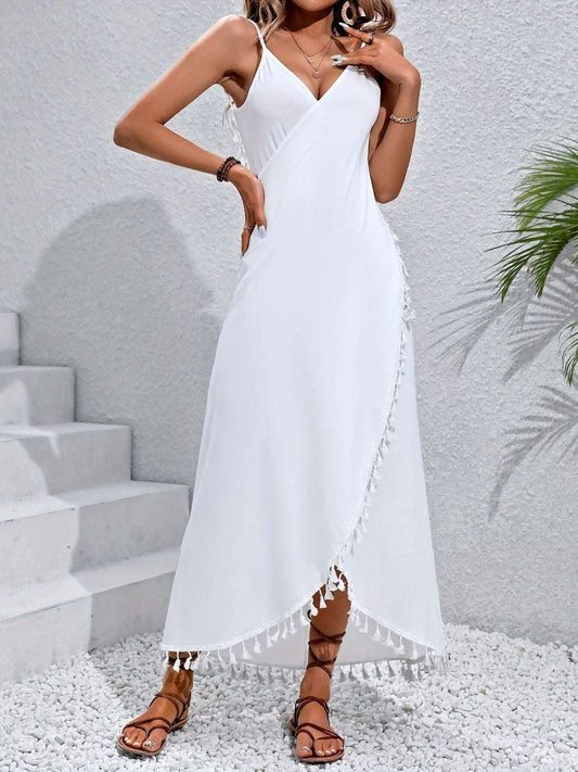 Backless Tassel Surplice Spaghetti Strap Cover Up Dress