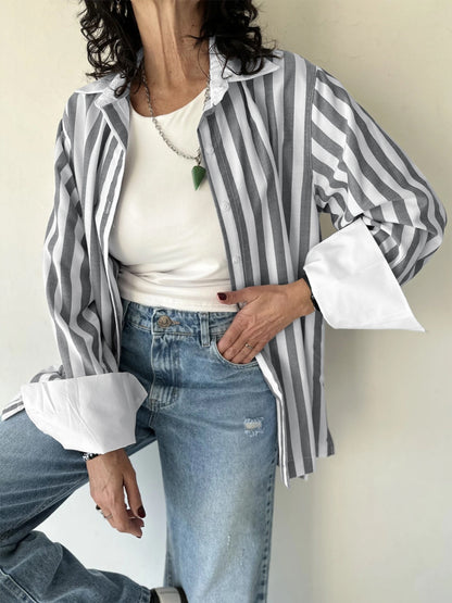 Striped Collared Neck Long Sleeve Shirt Stripe