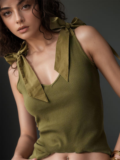 V-Neck Tie Shoulder Tank Army Green