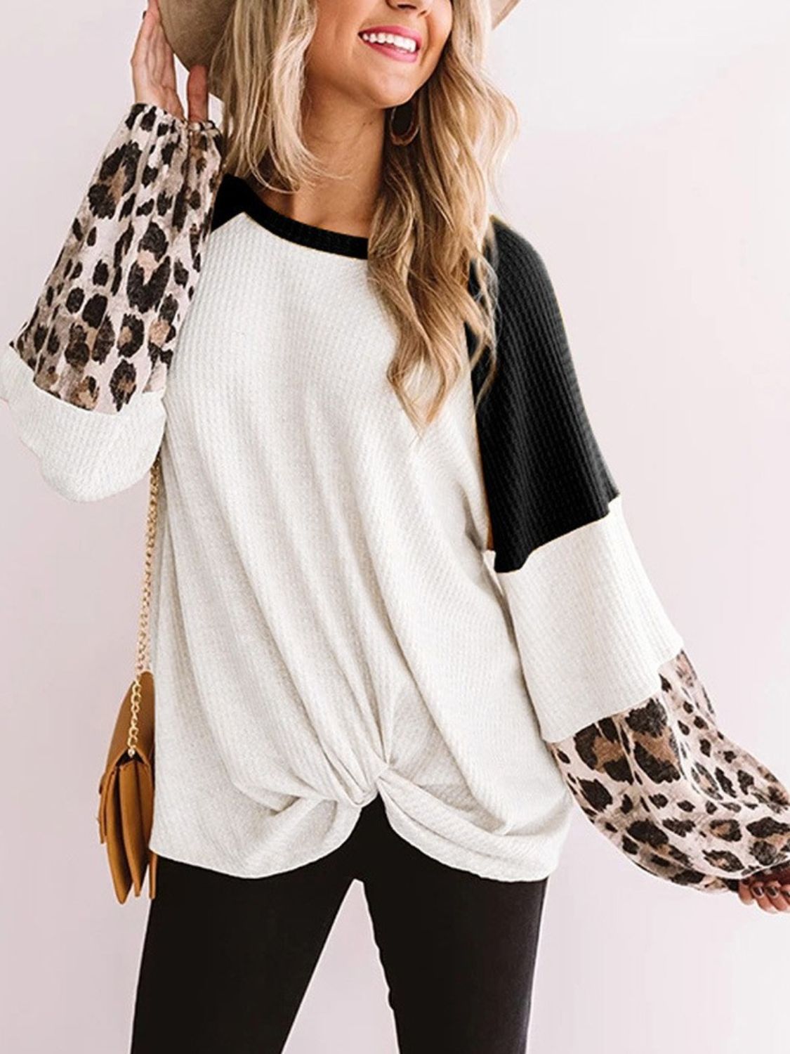 Twisted Color Block Round Neck Long Sleeve T-Shirt Black