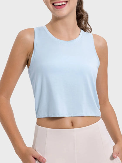 Drawstring Cutout Round Neck Active Tank Light Blue