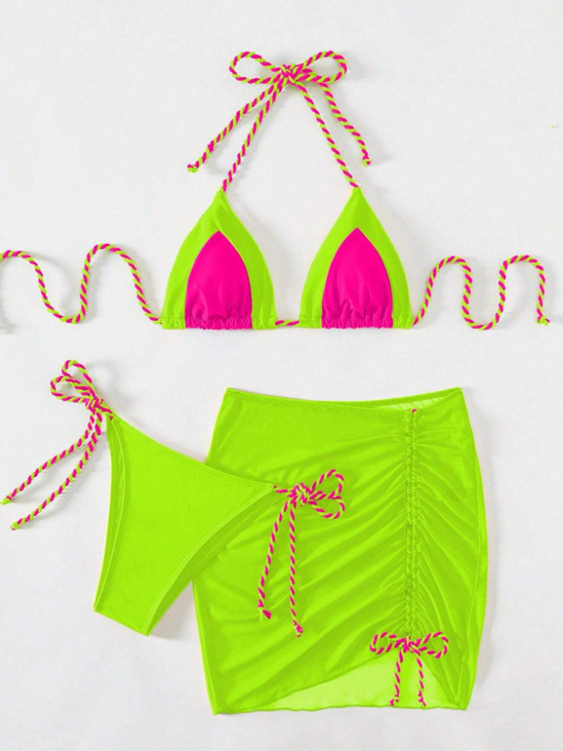 Contrast Tied Three-Piece Swim Set Neon Green