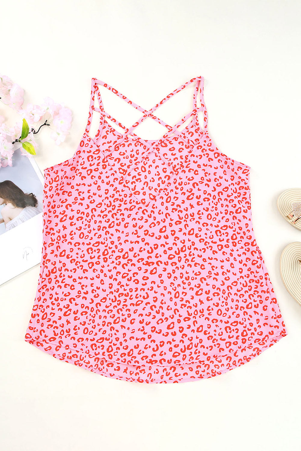 Cutout Leopard Round Neck Tank Blush Pink