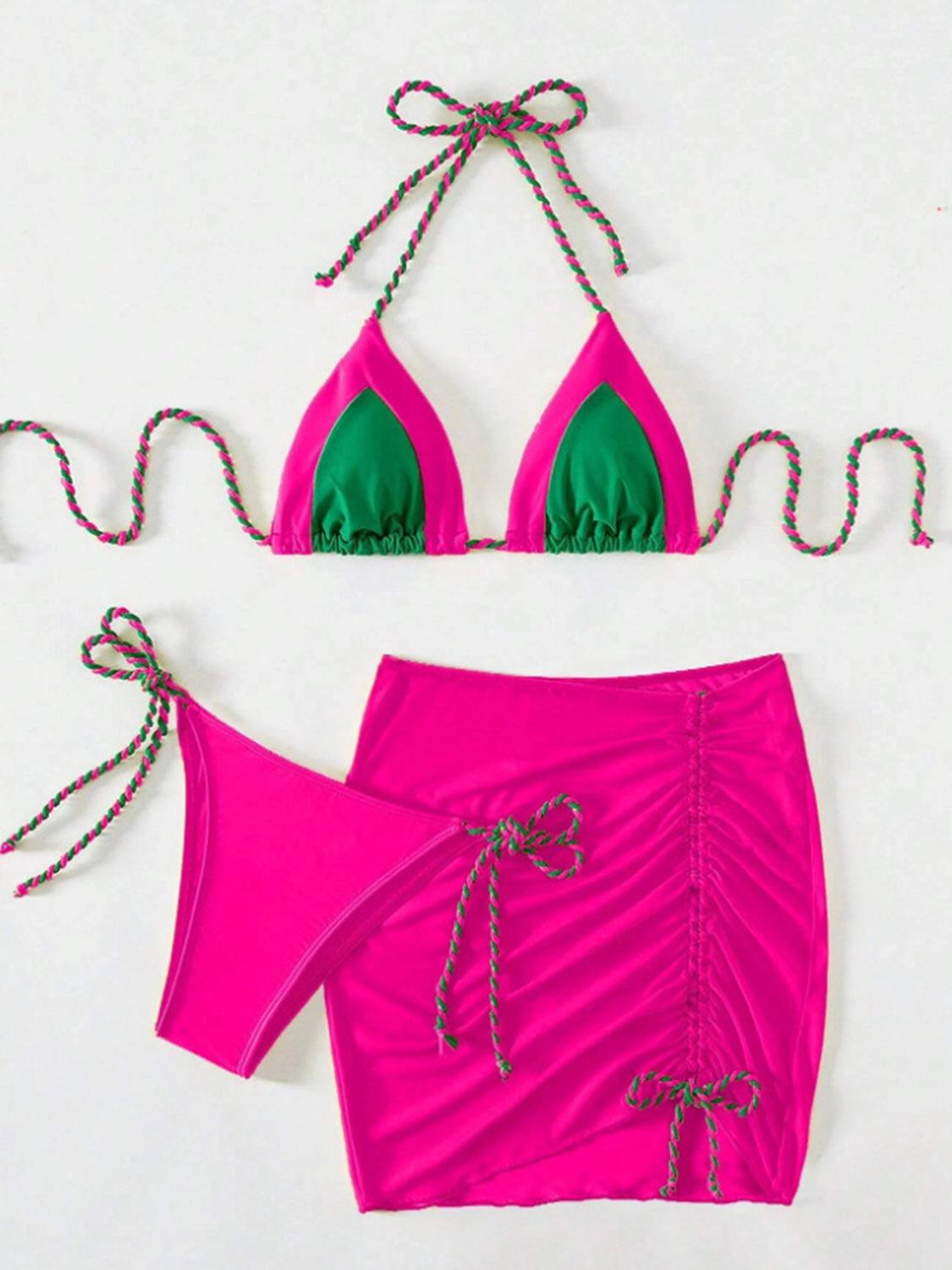 Contrast Tied Three-Piece Swim Set Hot Pink