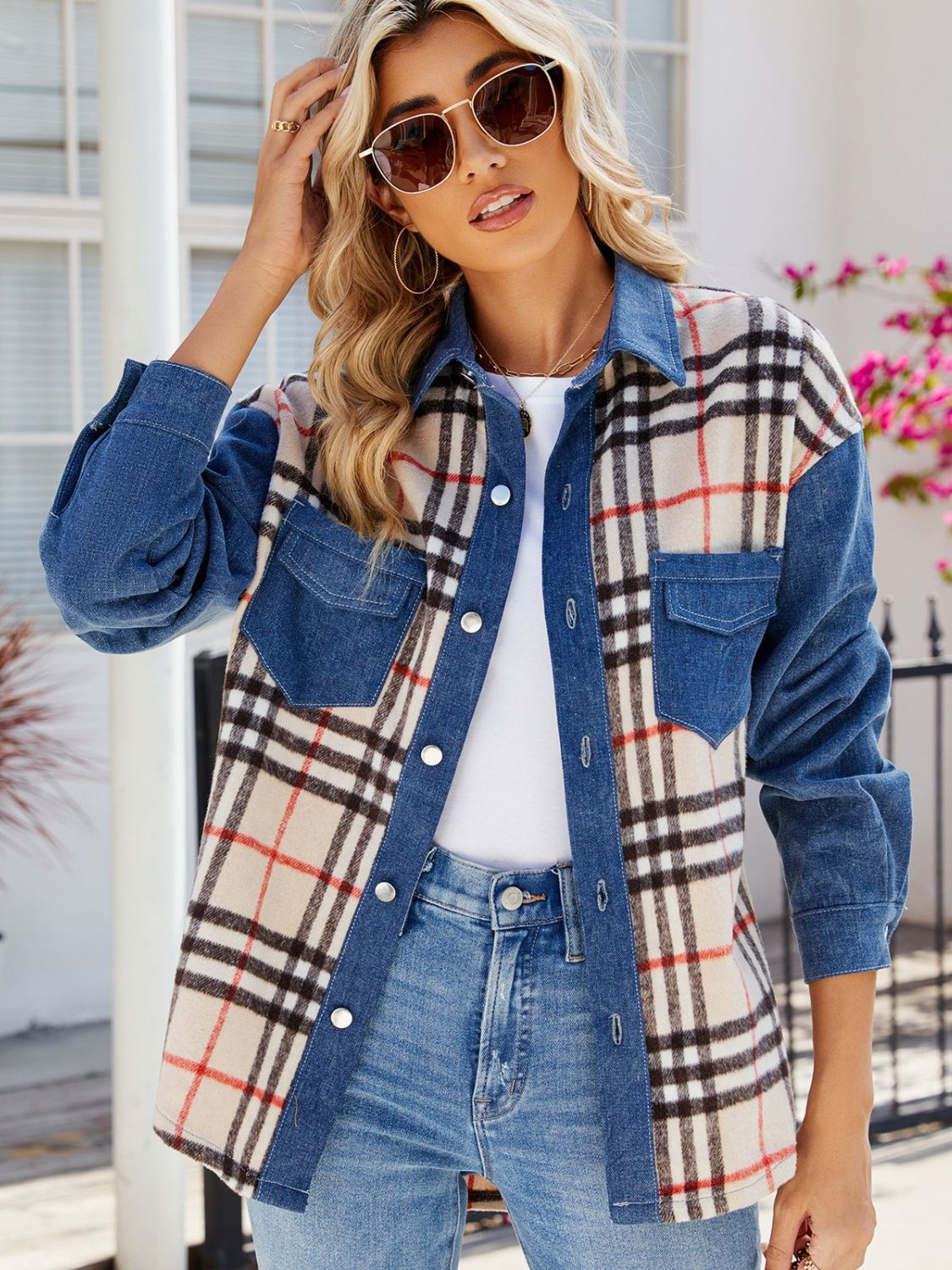 Plaid Long Sleeve Denim Jacket Dusty Blue