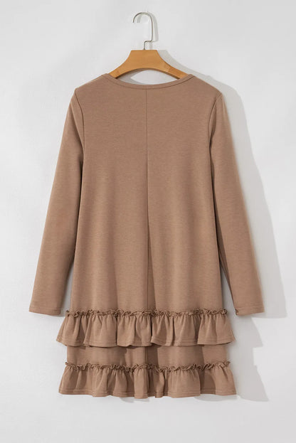 Ruffled Scoop Neck Three-Quarter Sleeve Mini Dress Mocha