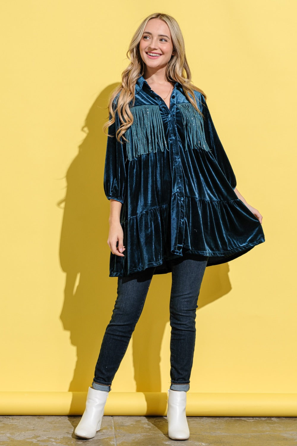 And The Why Fringe Detailed Velvet Shirt Dress Teal