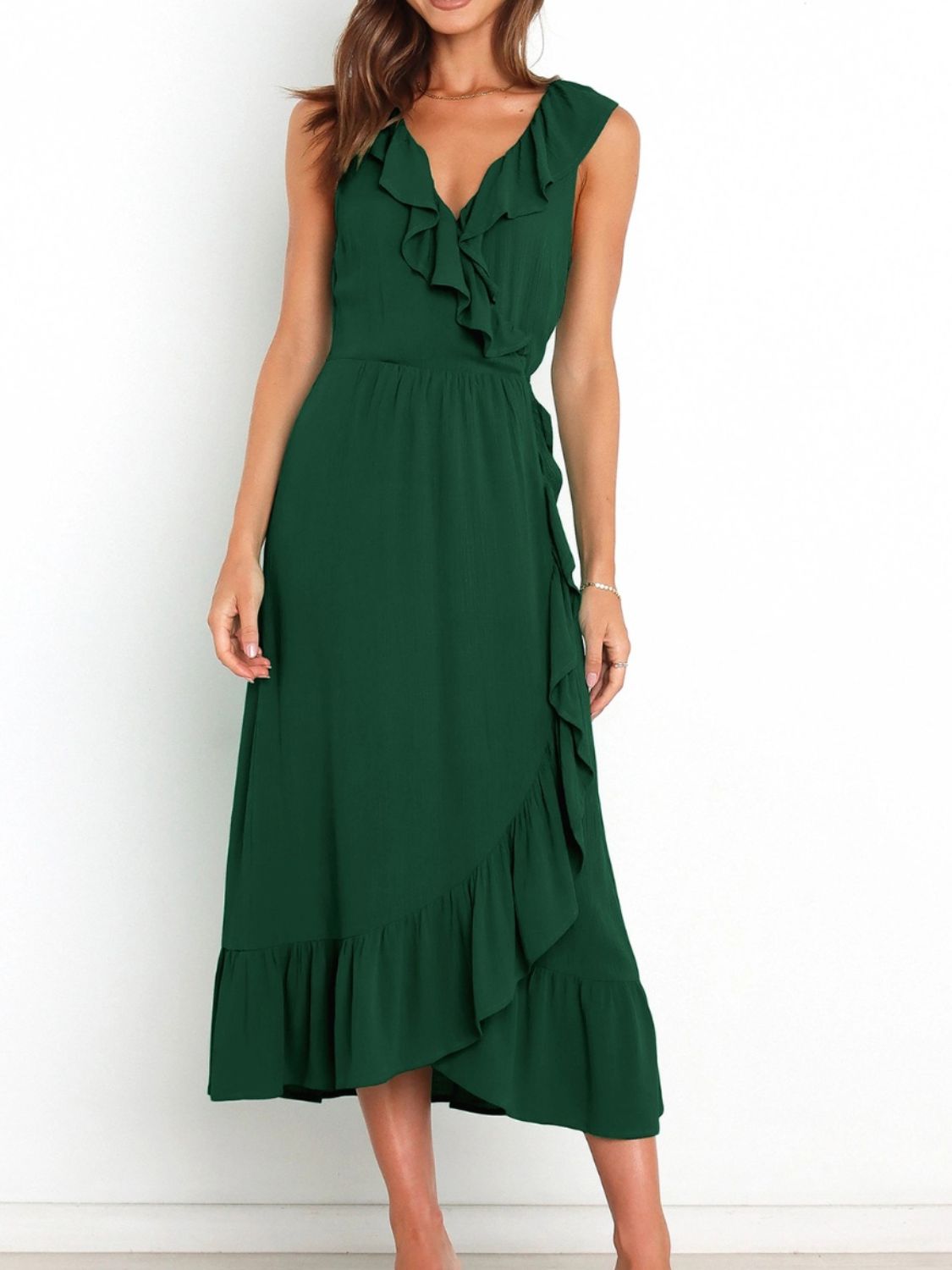 Ruffled Surplice Sleeveless Midi Dress Dark Green