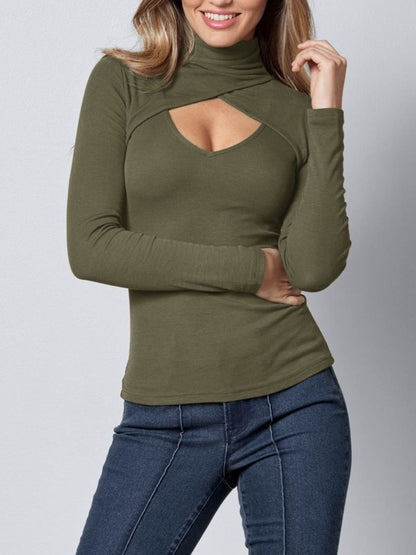 Cutout Turtleneck Long Sleeve T-Shirt Army Green