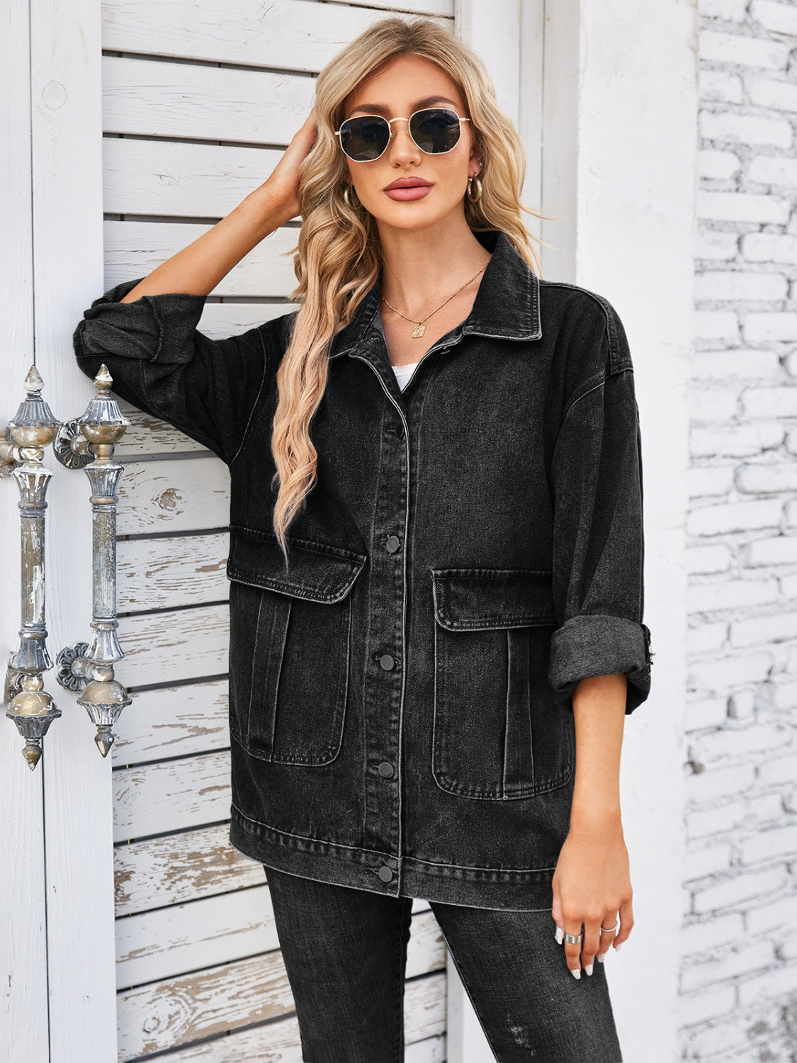 Button Up Long Sleeve Denim Jacket Black