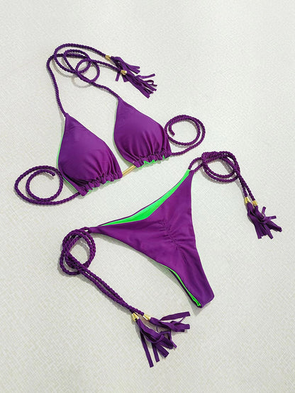 Contrast Halter Neck Two-Piece Bikini Set Purple