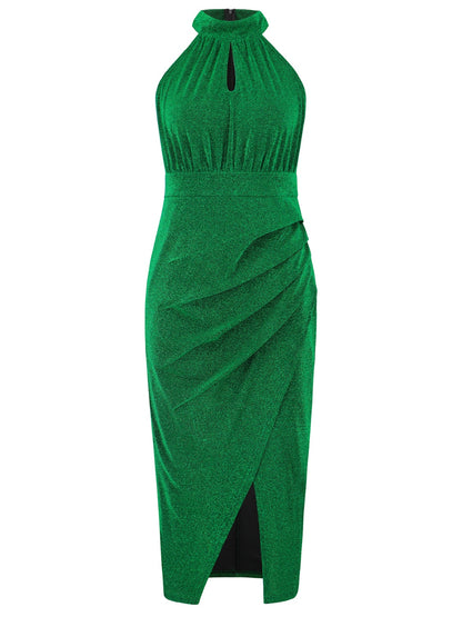 Slit Ruched Mock Neck Sleeveless Dress Dark Green