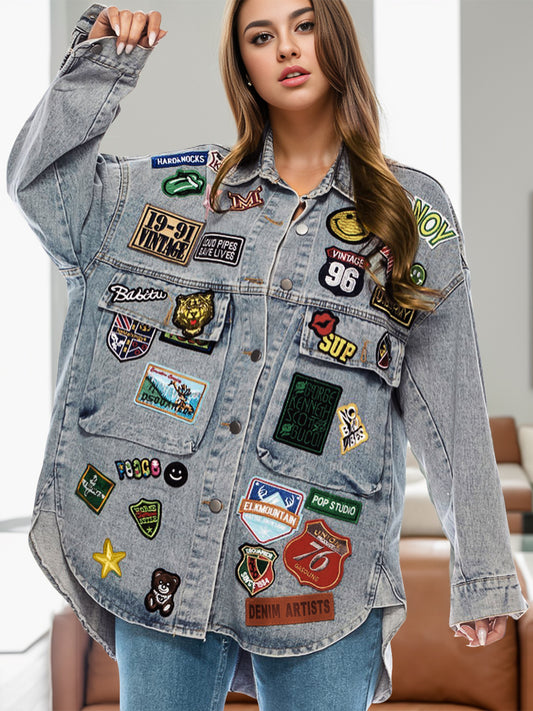 Embroidered Patch Button Up Long Sleeve Denim Jacket Medium