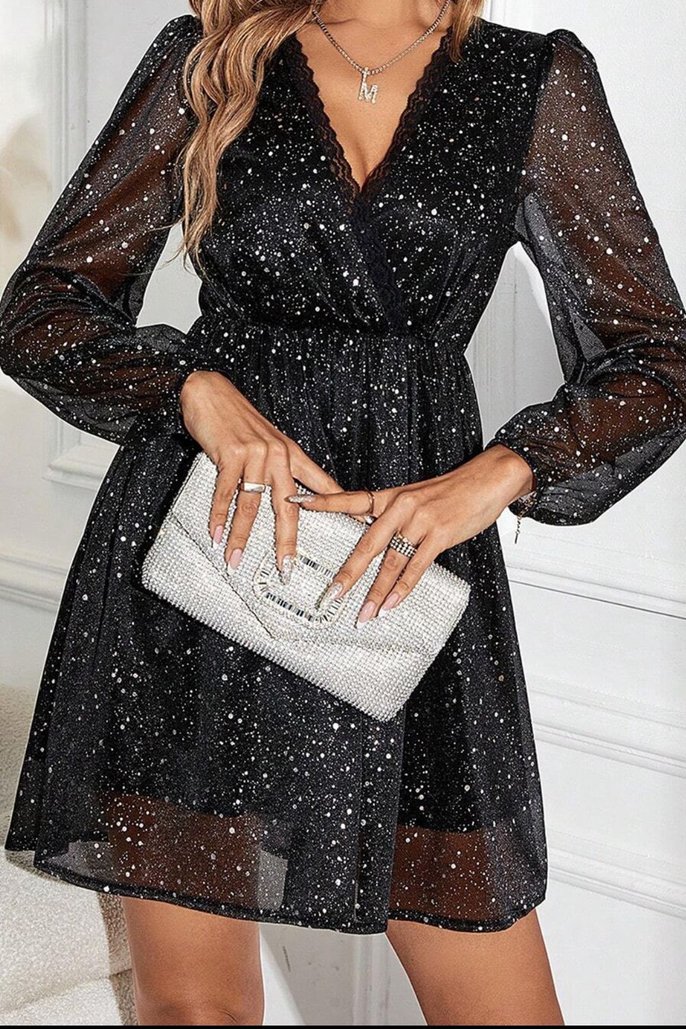 Glitter Surplice Long Sleeve Mini Dress Black