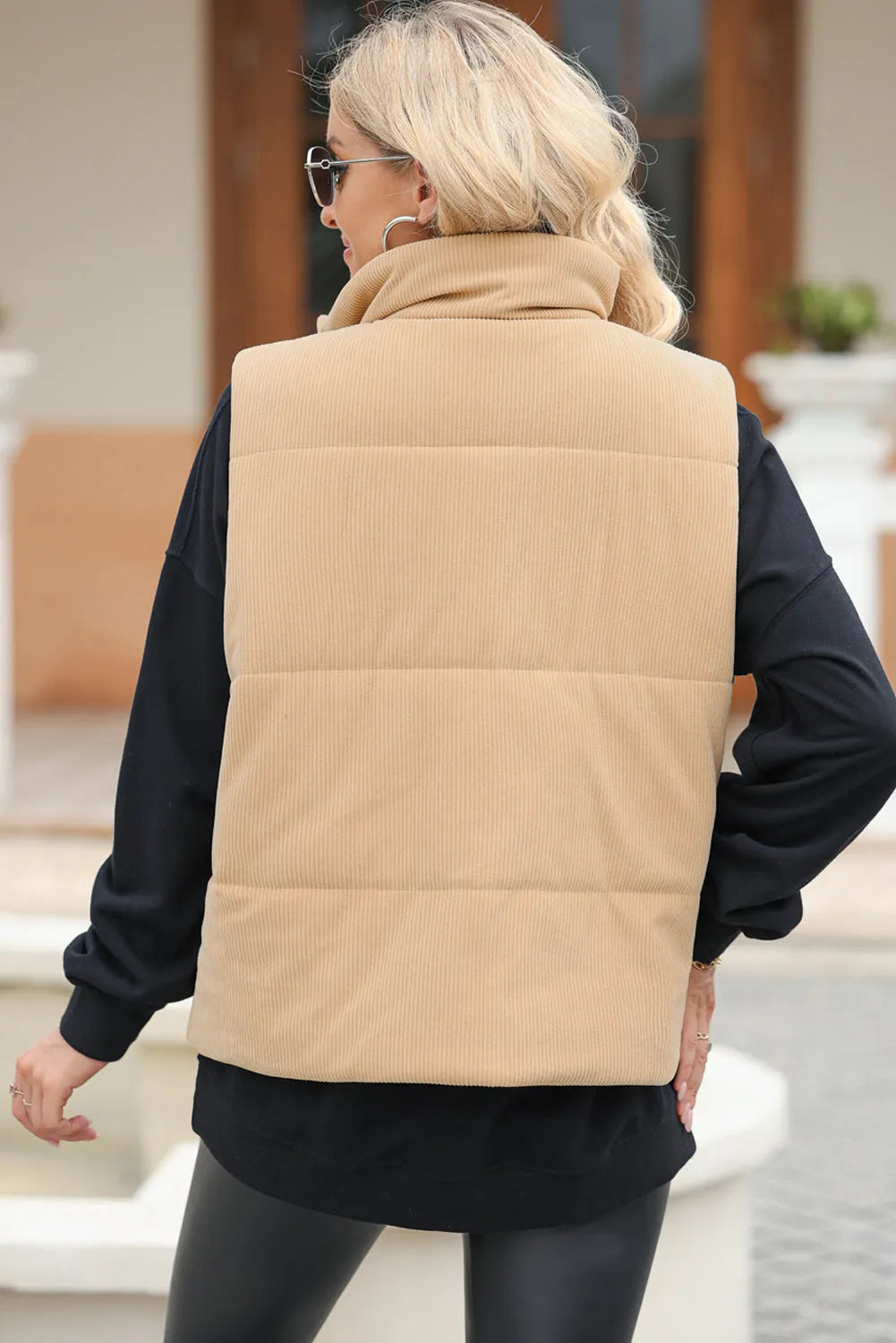 Pocketed Zip Up Turtleneck Vest Coat Tan