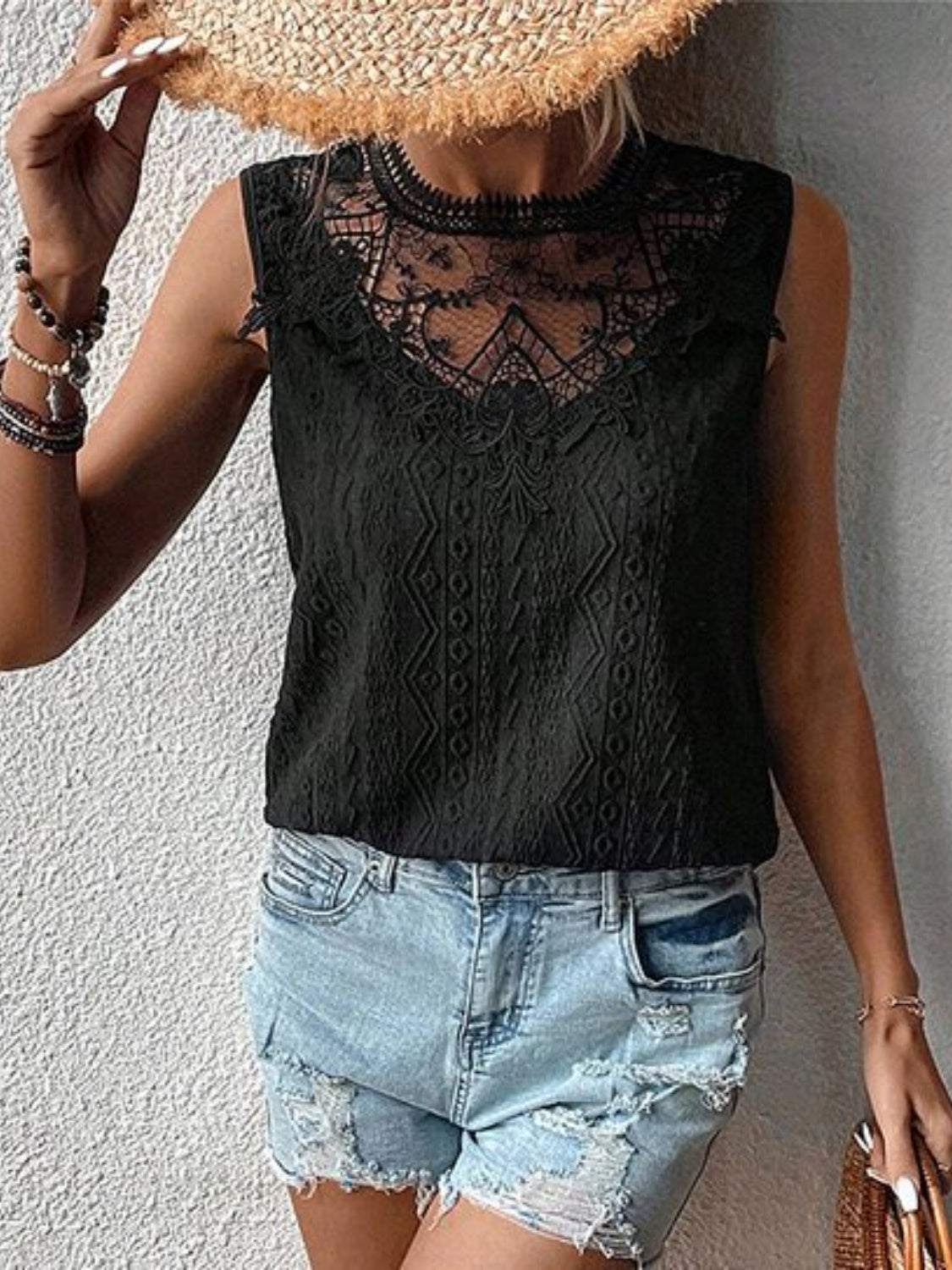 Lace Eyelet Sleeveless Top Black