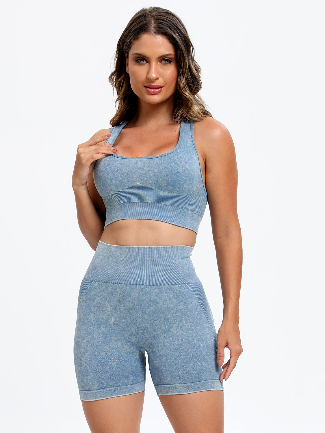 Scoop Neck Wide Strap Top and Shorts Active Set Light Blue