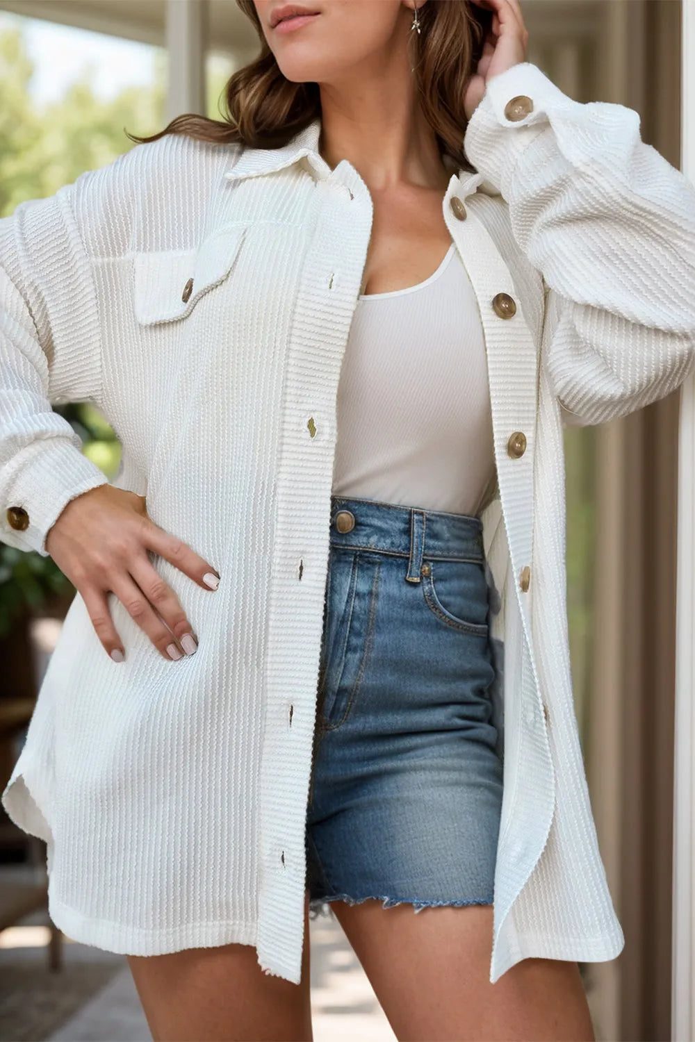 Plus Size Button Up Long Sleeve Jacket White