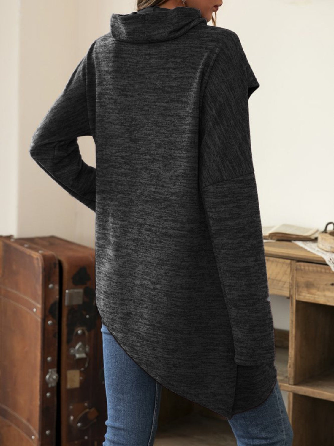 Asymmetrical Hem Cowl Neck Long Sleeve T-Shirt Black