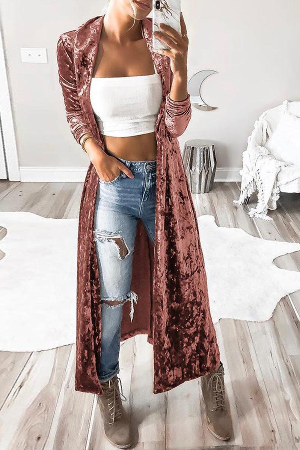 Open Front Long Sleeve Longline Velvet Cardigan Pale Blush