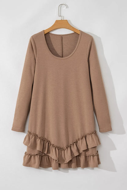 Ruffled Scoop Neck Three-Quarter Sleeve Mini Dress Mocha