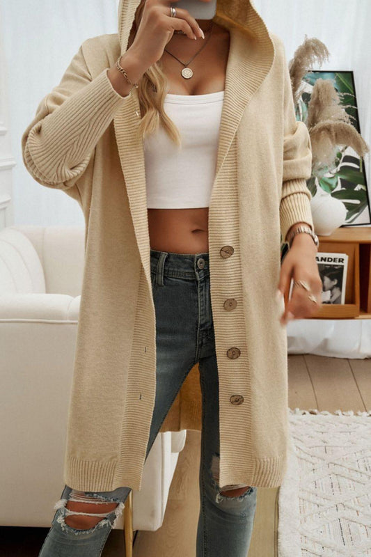 Button Up Long Sleeve Hooded Cardigan Tan